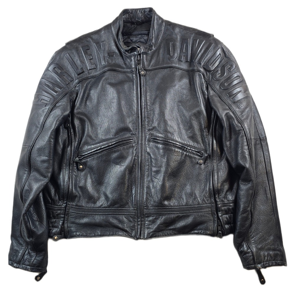Harley Davidson Embossed Leather Jacket Mens Large Black Heavy Moto Cafe Biker